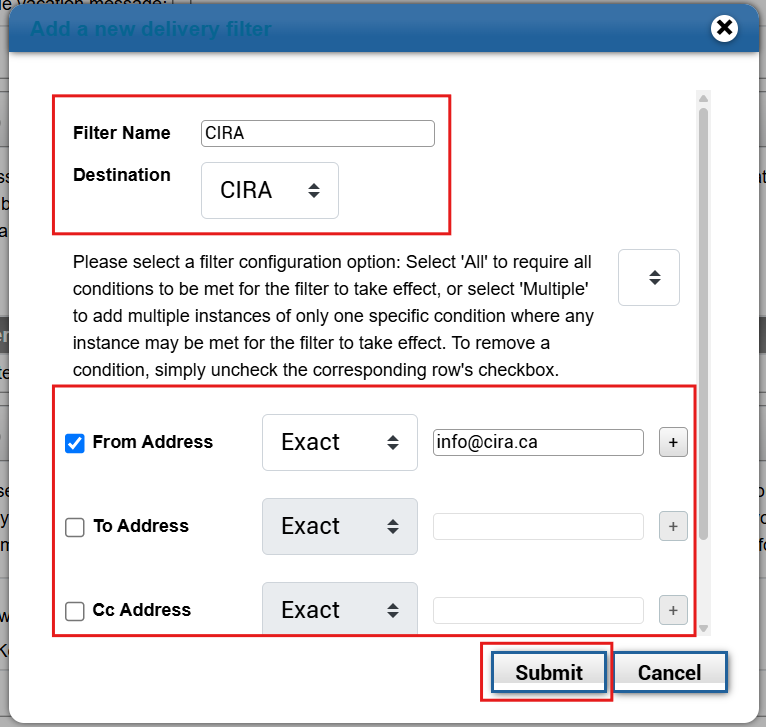 Adding email filter