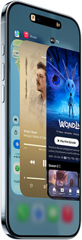 iPhone Air, front exterior, side exterior, thin profile, Dynamic Island centred near top, App Switcher feature in use, buttons: Action, volume
